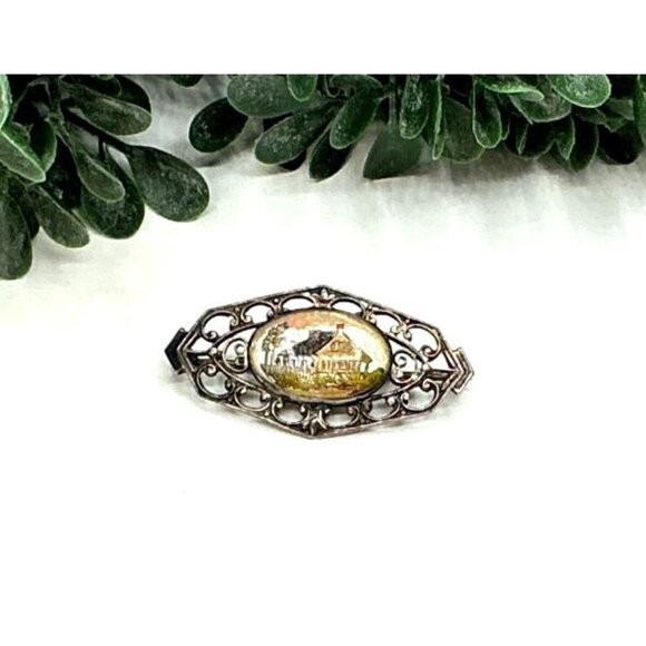Antique Filigree Silver Tone Brooch With Hand-Painted Oval Glass Insert Depictin - Picture 4 of 6